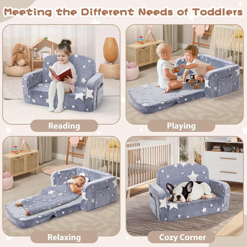 Foryoomi Extra Wide Kids Couch, 2-in-1 Soft Couch with Blanket, Glow in The Dark, Comfy Chair with Cloud Pillow, Convertible Sofa, Star - Image 5